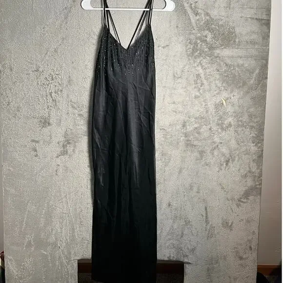 Vintage Y2K Black Beaded Slip Dress Evening Grunge Goth Glam Size Small - Picture 1 of 5